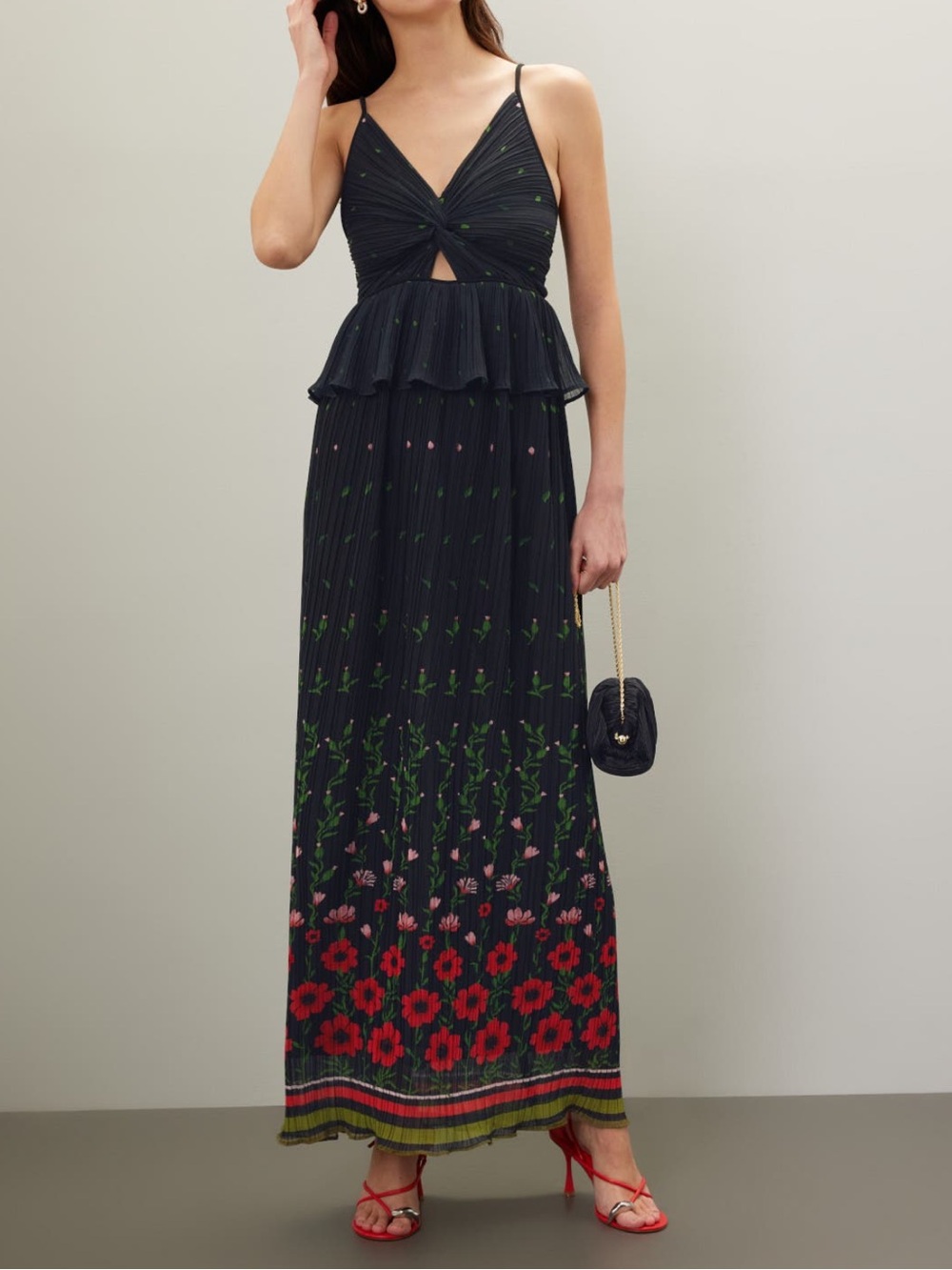 Sabina Musayev Black Maxi Dress with Red Floral Border